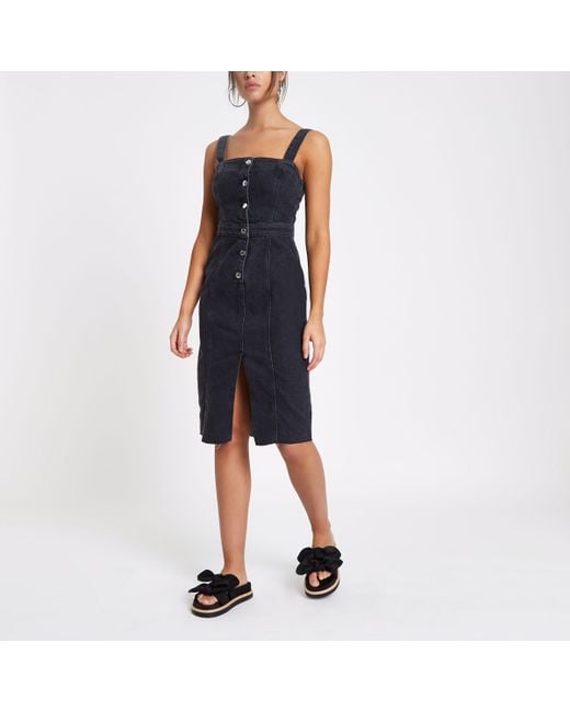 River Island Black Fitted Button Through Denim Midi Dress Lyst
