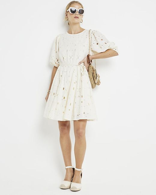 River Island Natural Cream Broderie Belted Swing Mini Dress