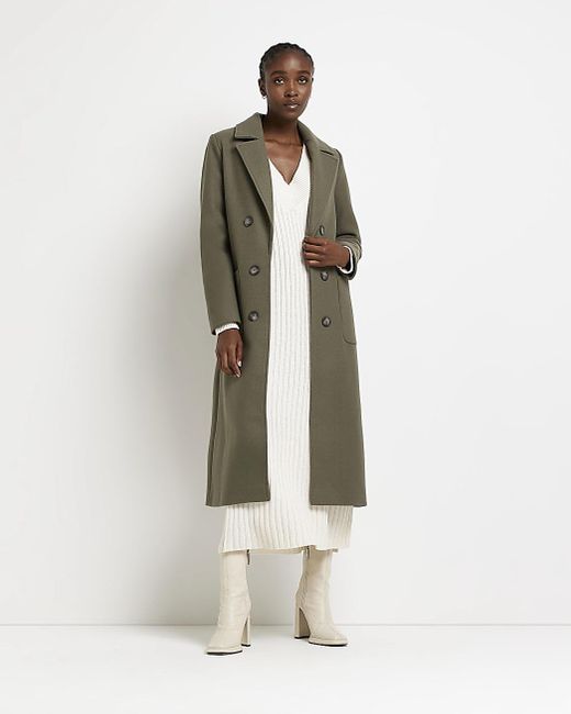 River Island Longline Coat in Khaki (White) Lyst