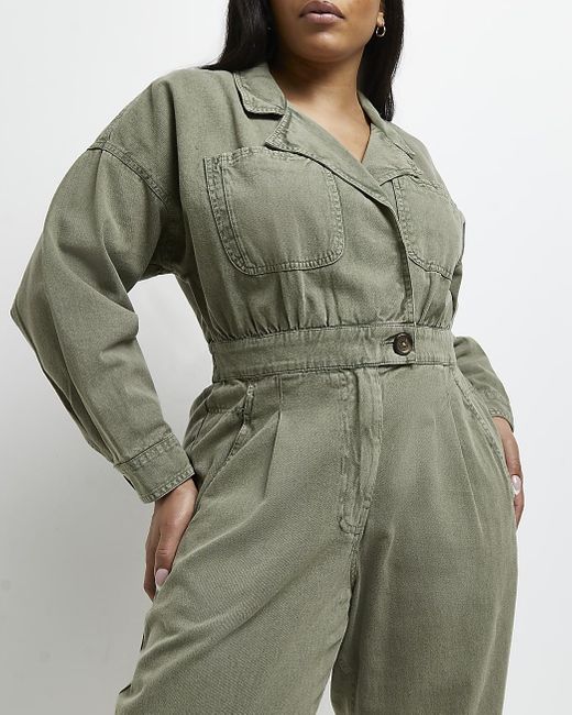 River Island Green Plus Khaki Denim Jumpsuit