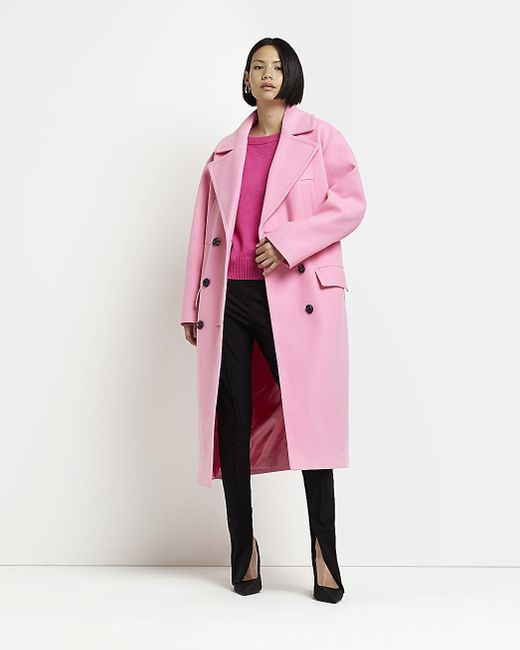 River Island Oversized Double Breasted Longline Coat in Pink | Lyst