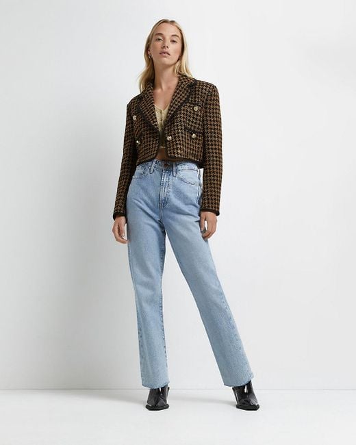 River Island Synthetic Brown Dogtooth Boucle Cropped Blazer Lyst