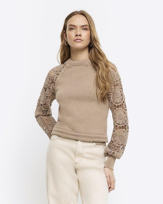 River Island Natural Brown Lace Long Sleeve Jumper