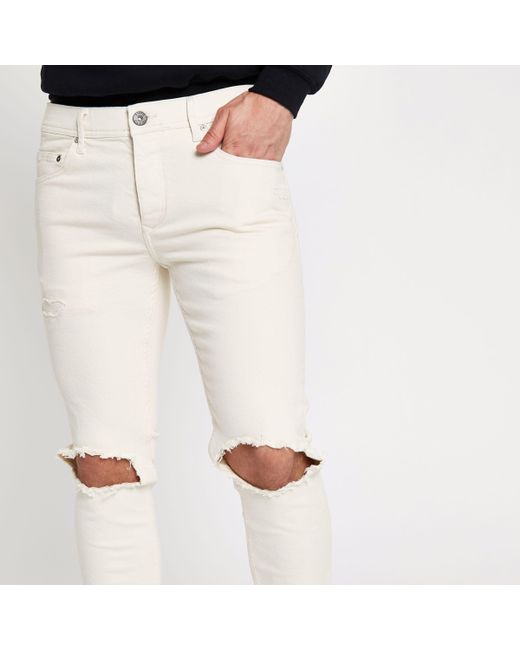 River Island Natural Cream Sid Ripped Skinny Jeans for men
