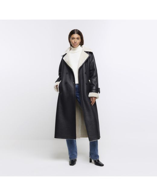 River Island Blue Black Belted Shearling Trench Coat