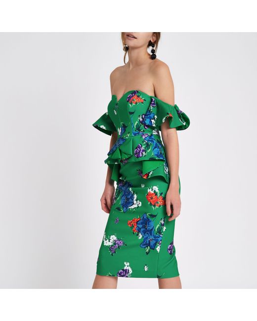 River Island Green Floral Sweetheart Bodycon Midi Dress