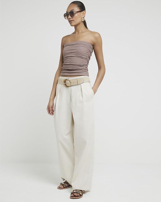 River Island White Brown Textured Ruched Tube Top