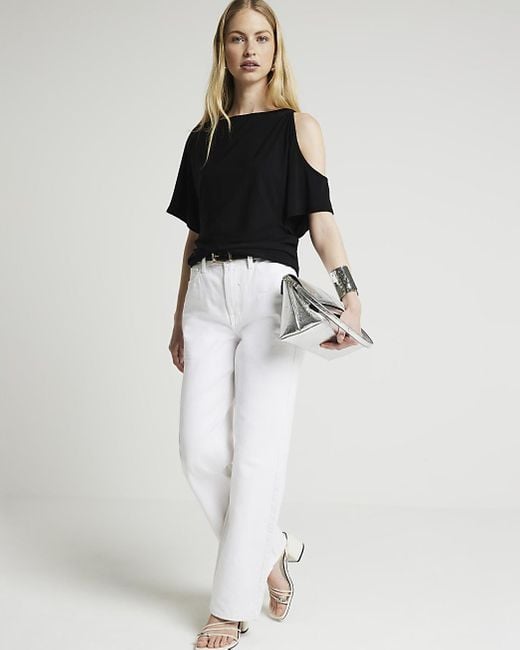 River Island White Black Ruched Cut Out Sleeve Top