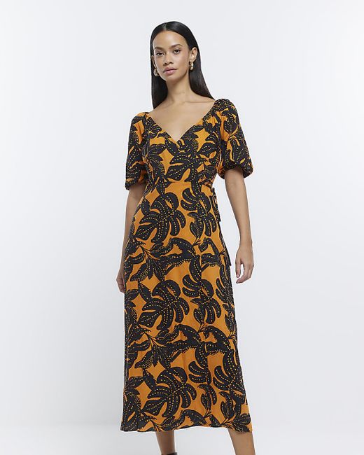 River Island Orange Leaf Print Wrap Midi Dress in White | Lyst