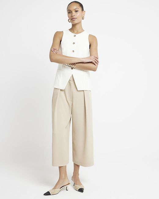 River Island White Beige Wide Leg Pleated Cropped Trousers