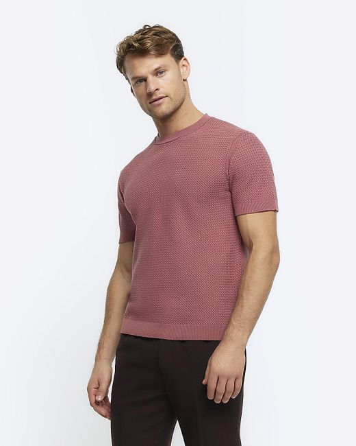 River Island Purple Pink Slim Fit Textured Knit T-shirt for men