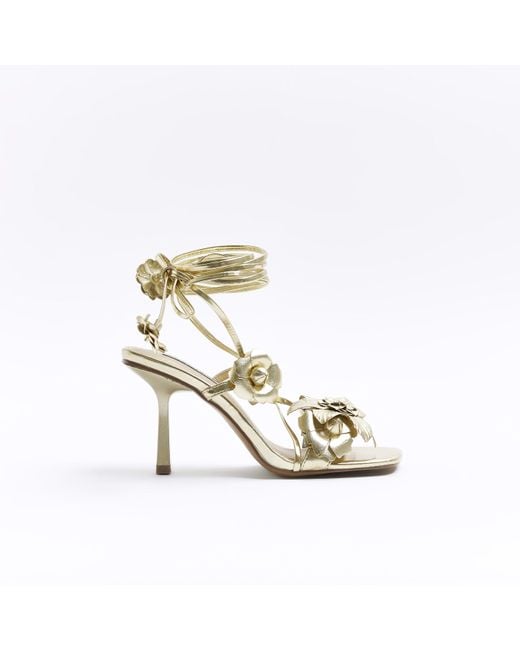 River Island Metallic Gold Flower Tie Up Heeled Sandals