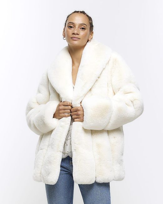 River Island White Cream Panelled Faux Fur Coat