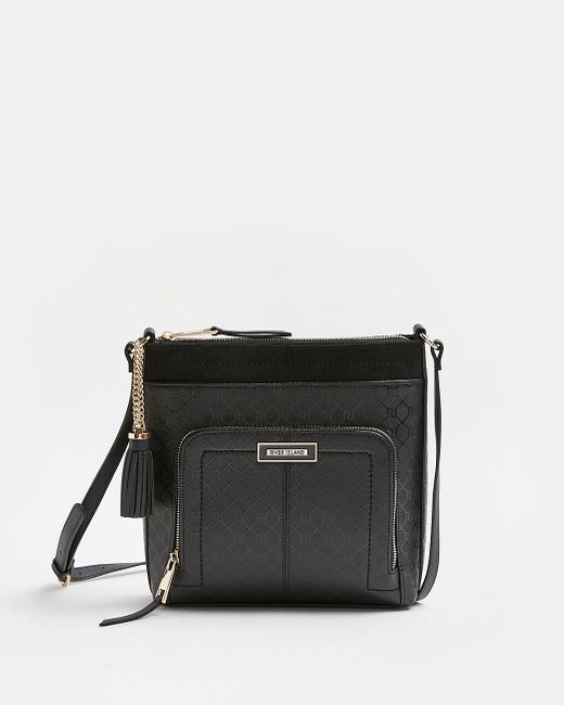 River Island Black Ri Monogram Embossed Messenger Bag Lyst