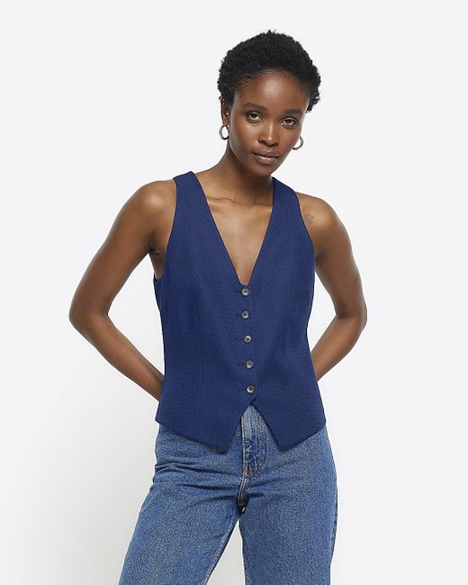 River Island Blue Navy Button Front Waistcoat