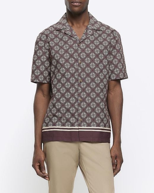 River Island Gray Brown Regular Fit Geometric Revere Shirt for men