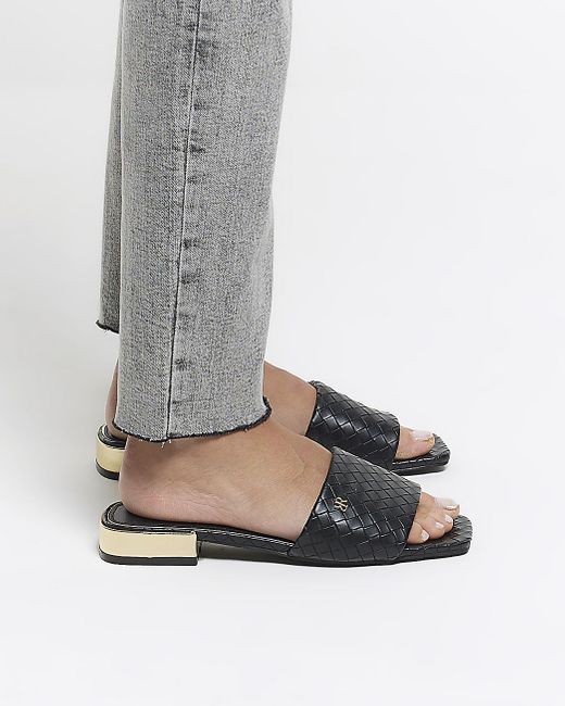 River Island Black Wide Fit Woven Flat Sandals