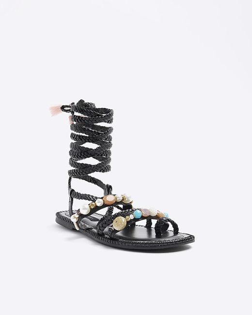 River Island White Leather Beaded Tie Up Gladiator Sandals