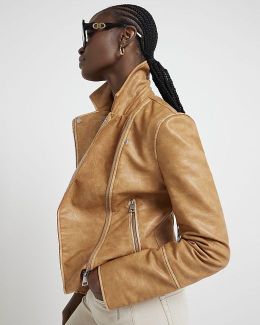 River Island Brown Faux Leather Distressed Biker Jacket