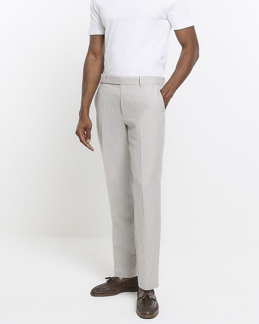 River Island White Beige Slim Fit Linen Blend Suit Trousers for men