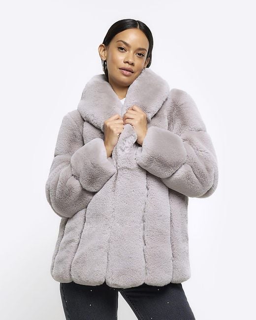 River Island Gray Grey Panelled Faux Fur Coat