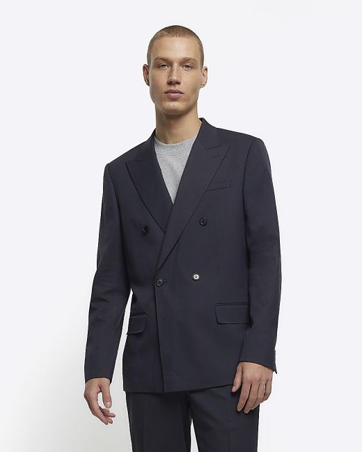 River Island Blue Herringbone Suit Jacket for men