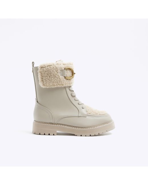River Island White Cream Borg Detail Lace Up Boots