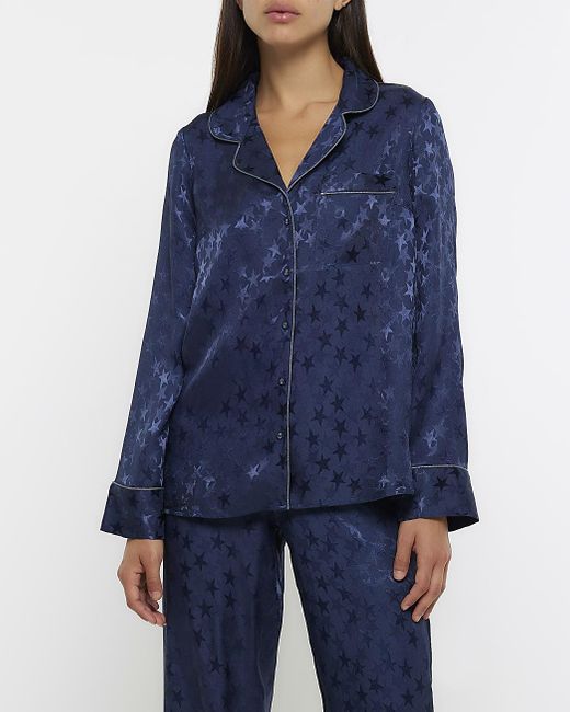 River Island Blue Navy Jacquard Star Pyjama Shirt
