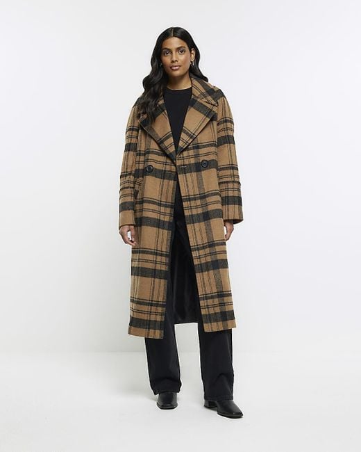 River Island Brown Wool Blend Check Longline Coat