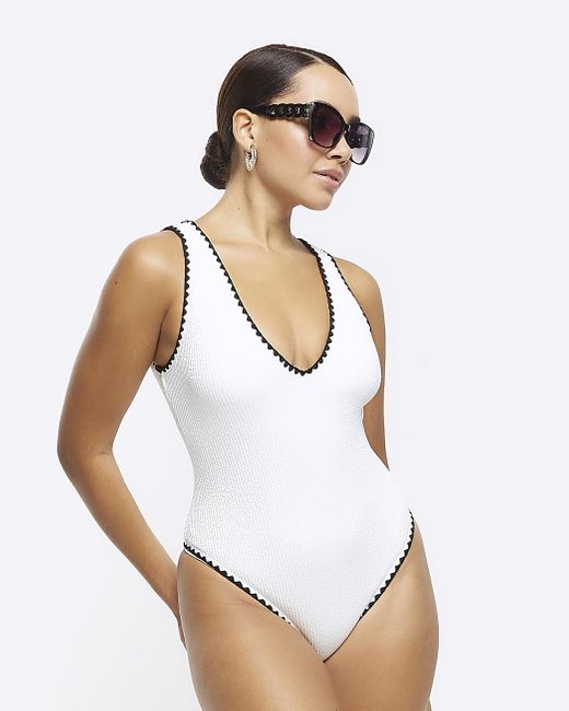 River Island White Cream Textured Whipstitch Swimsuit