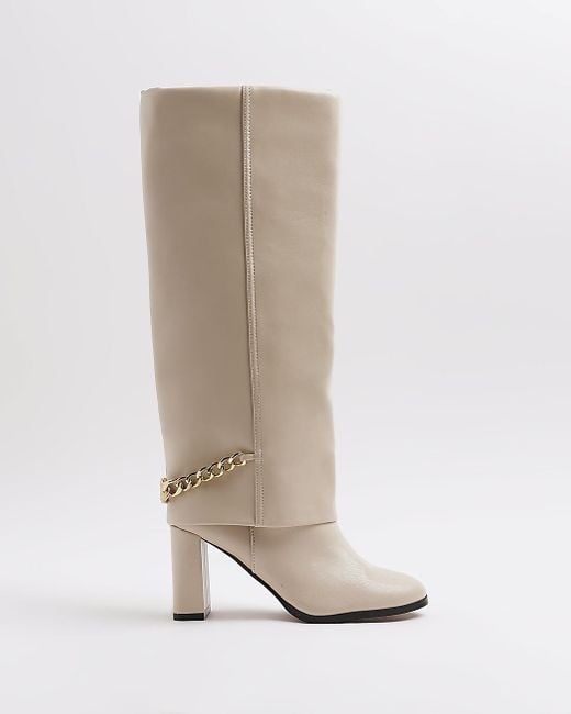 River Island White Cream Heeled Knee High Fold Over Boots