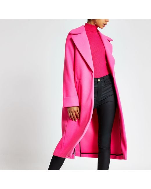 River Island Synthetic Bright Pink Single Breasted Longline Coat - Lyst