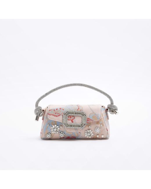 River Island White Pink Jacquard Embellished Clutch Bag