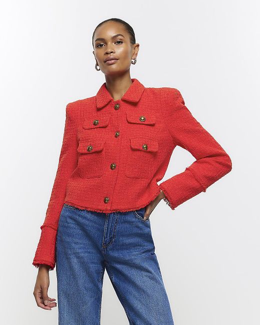 River Island Red Boucle Trophy Blazer