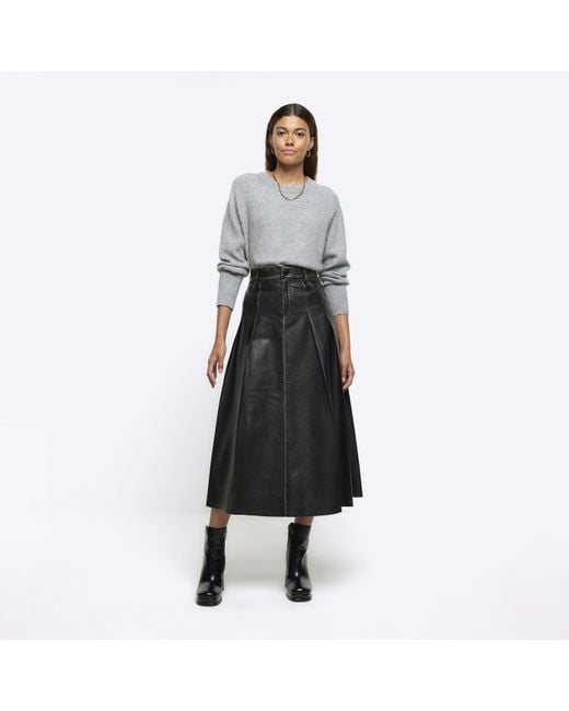 River Island White Black Faux Leather Distressed Midi Skirt