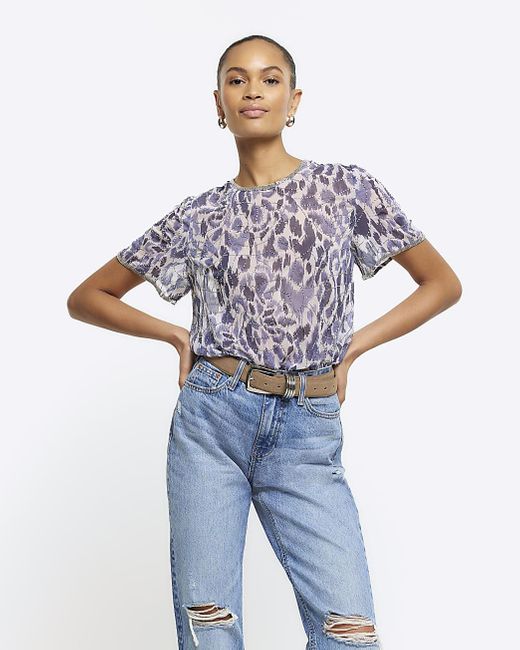 River Island White Blue Abstract Embellished T-shirt