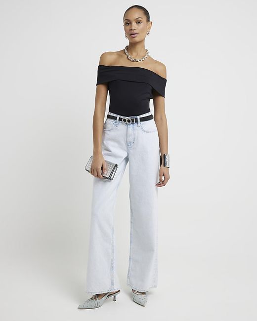 River Island White Blue High Waisted Wide Baggy Jeans