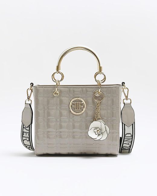 River Island White Grey Quilted Corsage Tote Bag