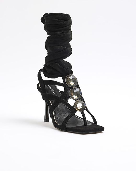 River Island Black Embellished Tie Up Heeled Sandals