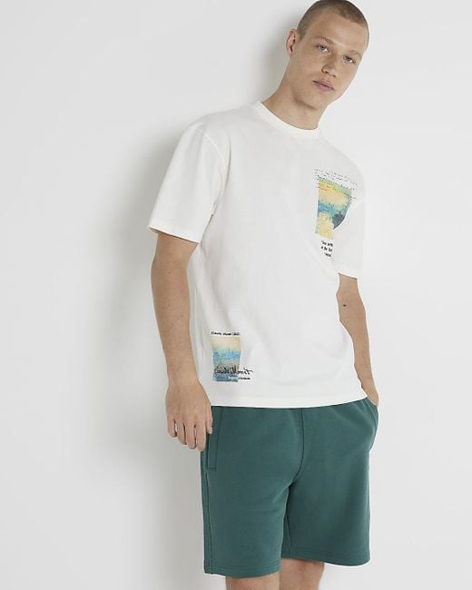 River Island White Beige Regular Fit Monet Graphic T-shirt for men