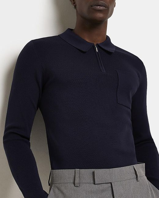 River Island Navy Muscle Fit Knit Long 