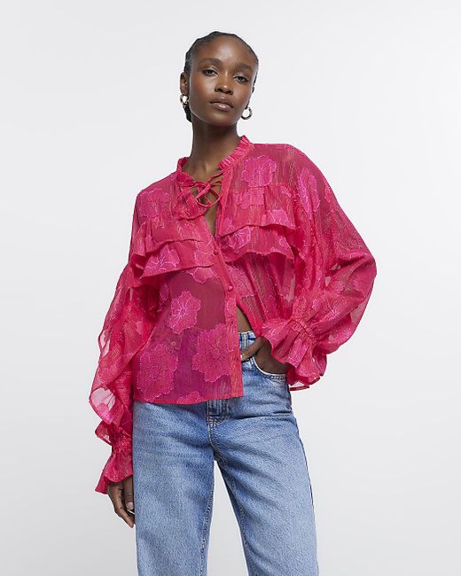 River Island Red Pink Floral Frill Long Sleeve Blouse