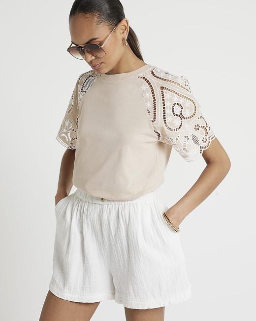 River Island White Beige Lace Sleeve T-shirt