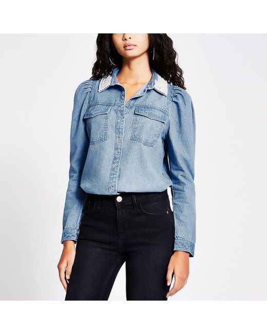 River Island Blue Pearl Collar Puff 