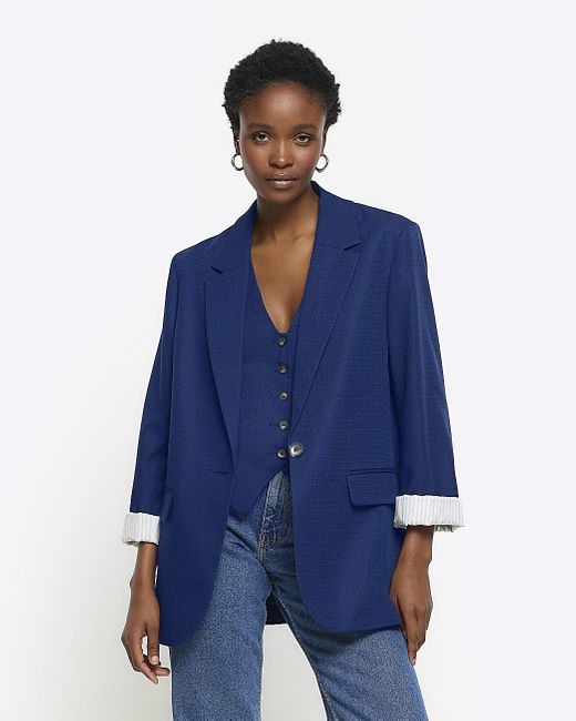 River Island Blue Navy Rolled Sleeve Relaxed Blazer