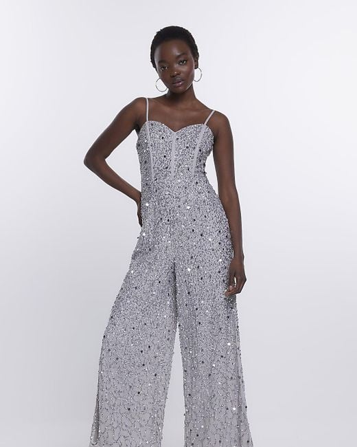 River Island Silver Embellished Sequin Jumpsuit in Purple | Lyst