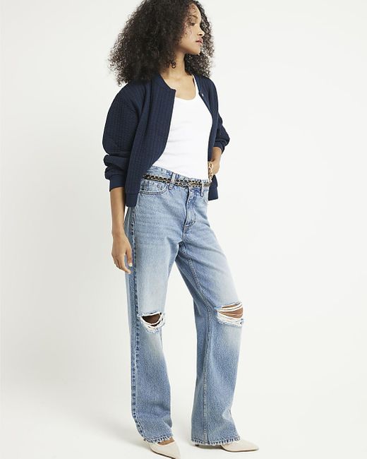River Island Blue High Waisted Relaxed Straight Rip Jeans
