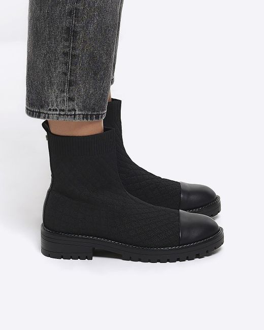River Island Black Quilted Sock Boots | Lyst