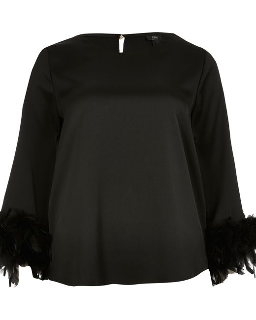 River Island Petite Black Long Sleeve Feather Cuff Top