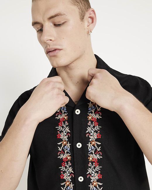 River Island Black Regular Fit Embroidered Floral Shirt for men